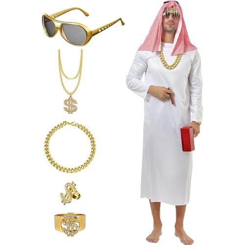 Aicerous Araber Scheich Kostüm, Kostüm Scheich Arabisches, Arabien Weißes Gewand Set, Arabische Kleidung Herren, mit Kopftuch Ring Halskette Sonnenbrille, Costume fur Carnaval (L) von Aicerous