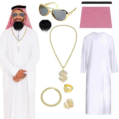 Aicerous Araber Scheich Kostüm, Kostüm Scheich Arabisches, Arabien Weißes Gewand Set, Arabische Kleidung Herren, mit Kopftuch Ring Halskette Sonnenbrille, Costume fur Carnaval (L) von Aicerous