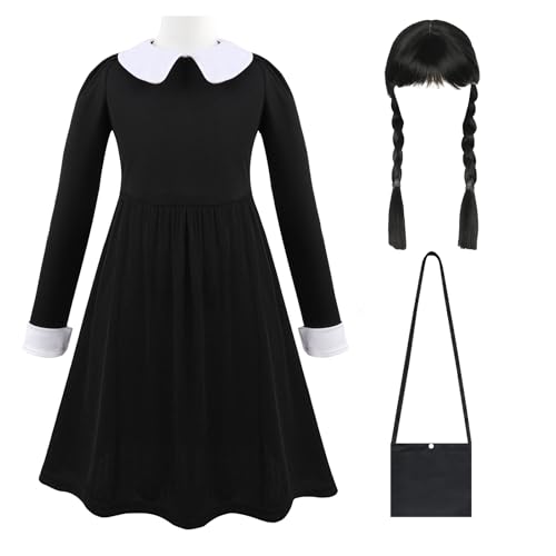 Aicerous Mittwoch Kostüm Schwarz Kleid für Mädchen von 5–13 Jahren, Halloween Kostüm schwarz, mit Perücke und Zubehör, für Karneval, Cosplay, Fasching (A, 110) von Aicerous