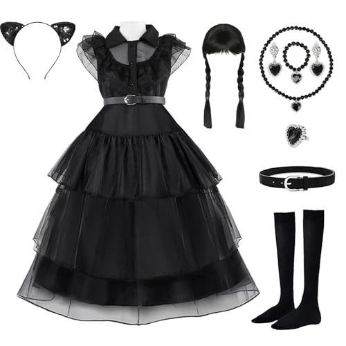 Aicerous Mittwoch Kostüm Schwarz Kleid für Mädchen von 5–13 Jahren, Halloween Kostüm schwarz, mit Perücke und Zubehör, für Karneval, Cosplay, Fasching (B, 110) von Aicerous