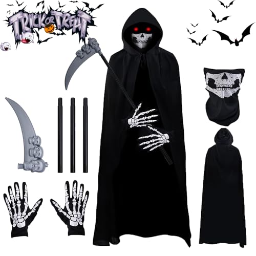 Halloween Sensenmann Kostüm Sensenmann Umhang Set Grim Reaper Kostüm mit Sense Schädelmaske Handschuhen, Halloween Kostüm für Adult/Kind Unisex, für Cosplay Karneval Maskerade (Style A for adult) von Aicerous