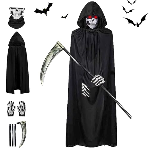 Halloween Sensenmann Kostüm Sensenmann Umhang Set Grim Reaper Kostüm mit Sense Schädelmaske Handschuhen, Halloween Kostüm für Adult/Kind Unisex, für Cosplay Karneval Maskerade (Style B for adult) von Aicerous