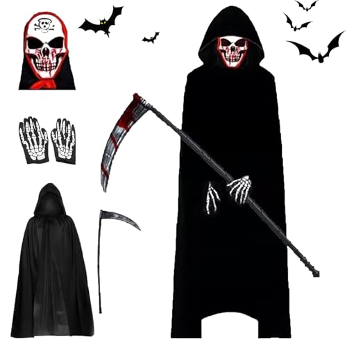 Halloween Sensenmann Kostüm Sensenmann Umhang Set Grim Reaper Kostüm mit Sense Schädelmaske Handschuhen, Halloween Kostüm für Adult/Kind Unisex, für Cosplay Karneval Maskerade (Style C for adult) von Aicerous