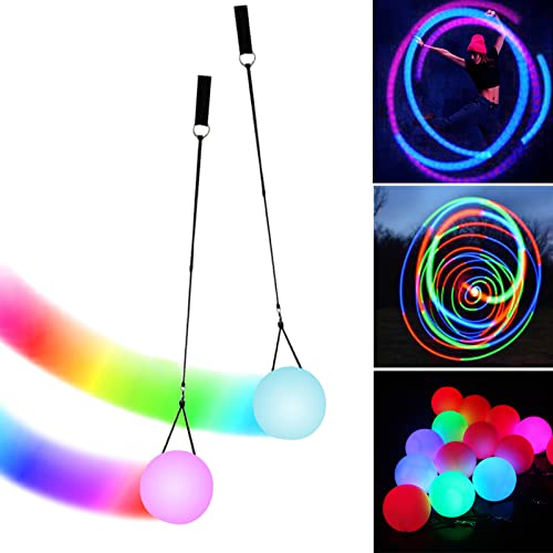 2 Stück LED Poi Bälle, Poi Ball Set LED Glow Poi Kugeln mit Regenbogen Farben und Strobe-Effekt Verbesserte LED Poi für Anfänger & Profis POI Jonglierbälle, mit verstellbaren Doppelschlaufen-Leinen von Aicharynic