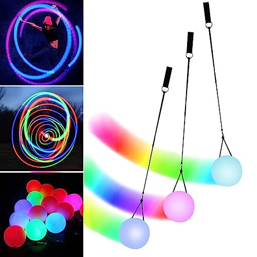 LED Poi Bälle: 3 Stück Poi Ball Set LED Glow Poi Kugeln mit Regenbogen Farben und Strobe-Effekt, Verbesserte LED Poi für Anfänger und Profis, POI Jonglierbälle mit verstellbaren Doppelschlaufen-Leinen von Aicharynic