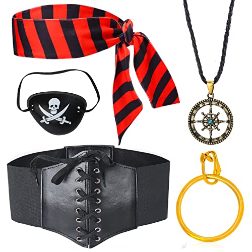 Aichiyu Piraten Kostüm Zubehör Set Piraten Stirnband Wrap Eye Patch Ohrring Halskette Schnürung Elastischer Taillengürtel für Halloween, Rollenspiel, Maskerade (B) von Aichiyu