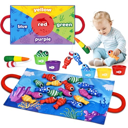 Kleinkindspielzeug für 1 Jahr alte Jungen und Mädchen, Baby-Angelspiel-Set mit doppelseitiger Matte, Montessori-Lernspielzeug für Kleinkinder von 1–3 Jahren, Zahlenzählen, Farbsortierung, von Aigybobo