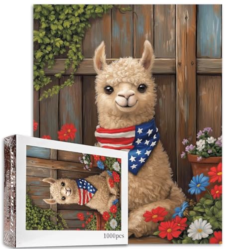 1000 Teile Alpaka mit amerikanischem Bandana, Puzzles für Erwachsene, Wildtier-Puzzle, Gartenpuzzle, anspruchsvolle Familienaktivitäten, buntes Bastelpuzzle für Heimdekoration, Geschenke, 68 x 50 cm von Aihonmin