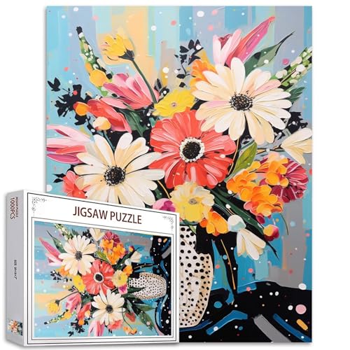 1000 Teile Blumen in Vase, Puzzles für Erwachsene, Gerbera-Puzzles, Blumen, botanische Kunst, Puzzle, herausfordernde Familienaktivitäten, buntes Bastelpuzzle für Heimdekoration, Geschenke, 50 x 70 cm von Aihonmin