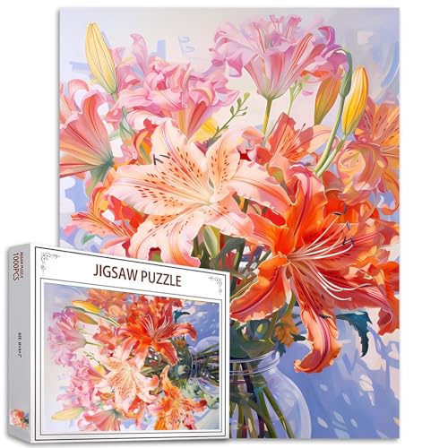 1000 Teile Blumen in Vase, Puzzles für Erwachsene, Lilienblüten, Puzzle, Pflanzenpuzzle, 68,6 x 50,8 cm, anspruchsvolle Familienaktivitäten, buntes Bastelpuzzle für Heimdekoration, Geschenke von Aihonmin