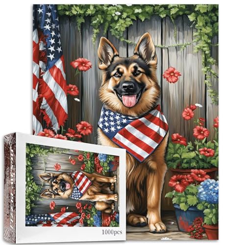 1000 Teile Deutscher Schäferhund mit amerikanischem Bandana, Puzzles für Erwachsene, 68,6 x 50,8 cm, Tierpuzzle, Gartenpuzzle, herausfordernde Familienaktivitäten, buntes DIY-Bastelpuzzle für von Aihonmin