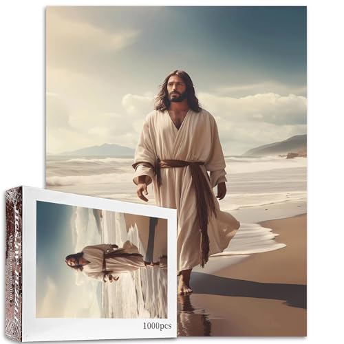 1000 Teile Jesus Walking Along a Beach Jigsaw Puzzles für Erwachsene Christus Retter Puzzles Kunst Religion Stil Puzzle Herausfordernde Familienaktivitätsspiele DIY Handwerk Puzzle für Heimdekoration von Aihonmin