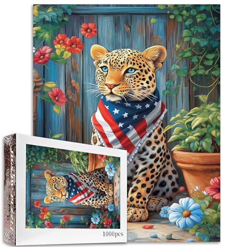 1000 Teile Leopard mit amerikanischem Schal, Puzzles für Erwachsene, Wildtier-Puzzle, amerikanische Flagge, Puzzle, herausfordernde Familienaktivitäten, buntes Bastelpuzzle für Heimdekoration, von Aihonmin