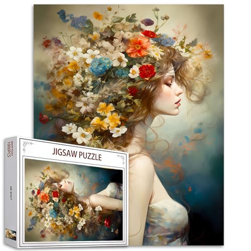 1000 Teile Mädchen-Puzzles für Erwachsene, Blumen auf Kopf, Puzzle, Frauen-Puzzle, 50,8 x 68,9 cm, bunte Puzzles für Zuhause, Familienpuzzle, perfekt für Spielabende von Aihonmin