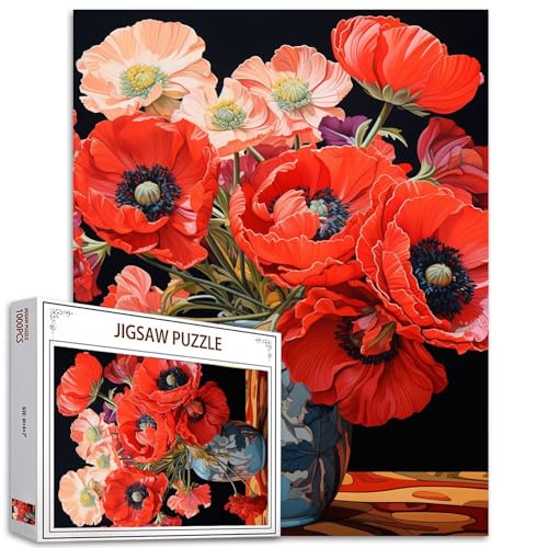 1000 Teile Rote Mohnblumen, Puzzles für Erwachsene, blühende Blumen in Vase, Puzzle, Blumen, botanische Kunst, Puzzle, anspruchsvolle Familienaktivitäten, buntes Bastelpuzzle für Heimdekoration, von Aihonmin