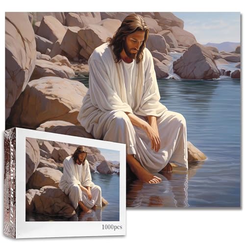 1000-teiliges Puzzle "Jesus saß auf einem Felsen am Fluss" für Erwachsene, 68,6 x 50,8 cm, Christus, Religion, Messias, Puzzle, anspruchsvolle Familienaktivitäten, Bastelpuzzle für Heimdekoration, von Aihonmin