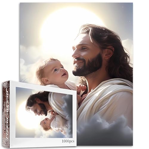 1000-teiliges Puzzle mit Jesus, der ein Baby auf einer Wolke hält, für Erwachsene, Christ-Stil, Messias-Puzzle, 68 x 50 cm, herausfordernde Familienaktivität-Spiele, DIY-Bastelpuzzle für von Aihonmin