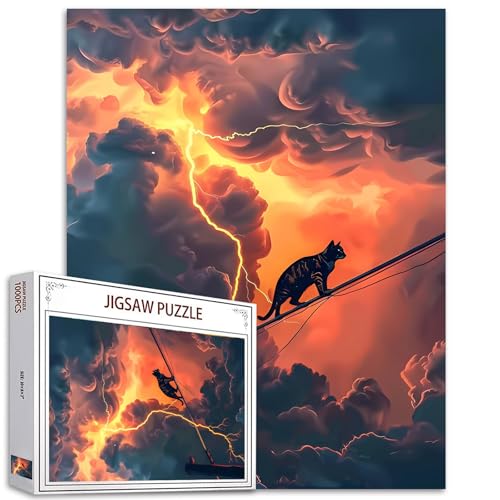 1000-teiliges Puzzle mit Katzenspaziergang auf dem elektrischen Draht, für Erwachsene und Kinder, Wolkenschicht, Blitz-Puzzle, Fantasy-Szenen-Puzzle, herausfordernde Familien-Aktivitätsspiele, von Aihonmin