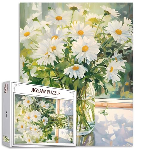 1000-teiliges weißes Gänseblümchen-Puzzle für Erwachsene, 68,6 x 50,8 cm, weiße Blumen mit grünen Puzzles, florale Pflanzenkunst-Puzzle, herausfordernde Familienaktivitäten, buntes DIY-Bastelpuzzle von Aihonmin