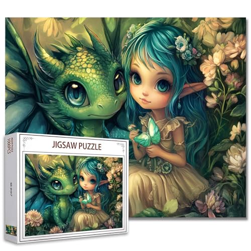 Aihonmin Drachen mit Mädchen Puzzles für Erwachsene 1000 Teile Niedlicher grüner Drache DIY Handarbeitspuzzles Kunst-Puzzles für Heimdekoration Schwierig und Herausforderung Großes Puzzle von Aihonmin