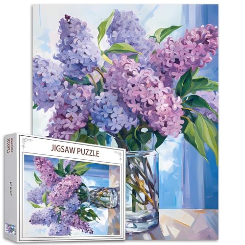 Blauer Flieder in einer Glasvase, Blumen, 1000-teiliges Puzzle für Erwachsene, Blumenpuzzle, Pflanzenpuzzle, anspruchsvolle Familienaktivitäten, buntes Bastelpuzzle für Heimdekoration, Geschenke, 68 x von Aihonmin