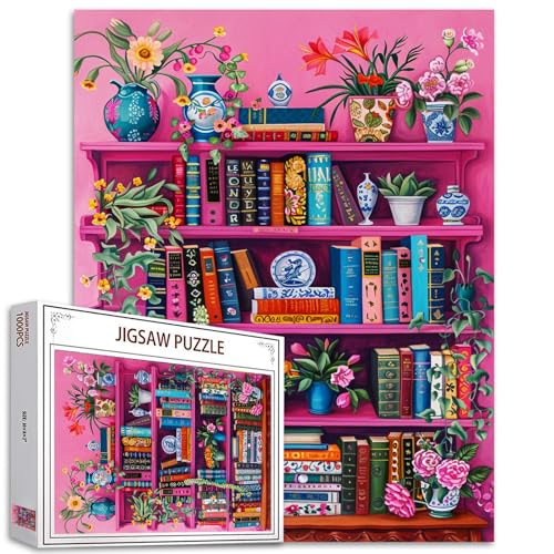 Bücherregal-Bücherthemen-Puzzles für Erwachsene, 1000 Teile, Boho-Malerei, Puzzle, Bibliothekspuzzle, Puzzles für anspruchsvolle Familienaktivitäten, buntes Puzzle für Heimdekoration, Geschenke, 68,6 von Aihonmin