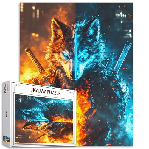 Coole Wolf Puzzles für Erwachsene 1000 Teile Wolf in Flamme DIY Handarbeitspuzzles Tier in Neonblau Kunst Puzzles für Heimdekoration Herausforderung Großes Puzzle Lernspiele Einzigartiges Geschenk von Aihonmin