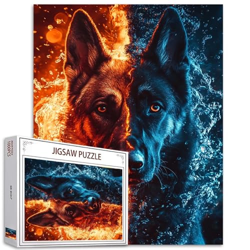 Deutscher Schäferhund, 1000-teiliges Puzzle für Erwachsene, Eis- und Feuerpuzzles, Tierpuzzle, bunte DIY-Puzzles für Heimdekoration, Geschenke, Familienpuzzle, perfekt für Spieleabende, 68 x 50 cm von Aihonmin