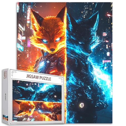 Fire Fox Puzzle für Erwachsene, Fuchs in Neonblau, 1000 Teile, Puzzles für Familienaktivitäten, Tier-in-Flammen-Kunst-Puzzle, DIY-Bastelpuzzle, Heimdekoration, einzigartiges Gehirn-Teaser-Geschenk, von Aihonmin