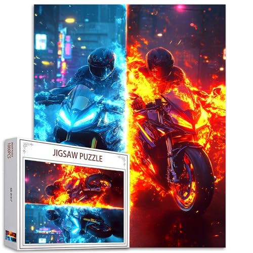 Fire Motorcycles 1000 Piece Jigsaw Puzzles for Adults Motorbike Boy Painting Jigsaw Puzzle Motorbikes in Neon Blue Puzzles for Challenging Family Activity Art Cityscape DIY Puzzle Decor Gifts von Aihonmin