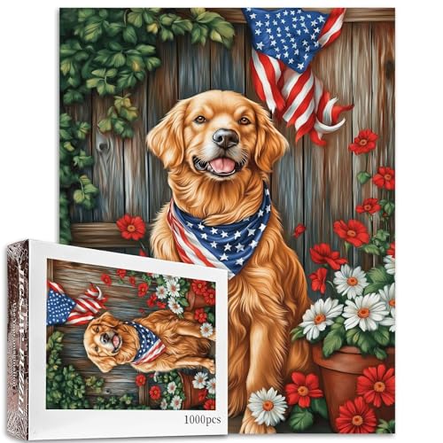 Golden Retriever mit amerikanischem Bandana, 1000-teiliges Puzzle für Erwachsene, Tiere, Puzzle, Gartenpuzzle, 50 × 70 cm, anspruchsvolle Familienaktivitäten, buntes DIY-Bastelpuzzle für von Aihonmin