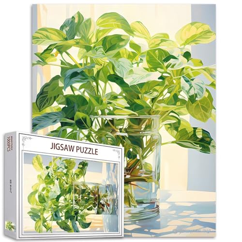 Grüne Pflanzen in Glasvase, 1000-teiliges Puzzle für Erwachsene, Pothos-Pflanzenpuzzles, herausfordernde Familienaktivitäten, buntes Bastelpuzzle für Heimdekoration, Geschenke, 68 x 50 cm von Aihonmin