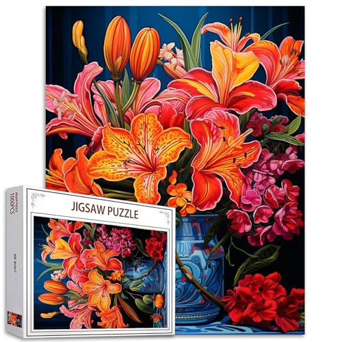 Lily Flowers Puzzle für Erwachsene, 1000 Teile, Blühende Blumen in Vase, Puzzles, Blumen, botanische Kunst, Puzzle, 50 × 70 cm, herausfordernde Familienaktivitäten, buntes Bastelpuzzle für von Aihonmin