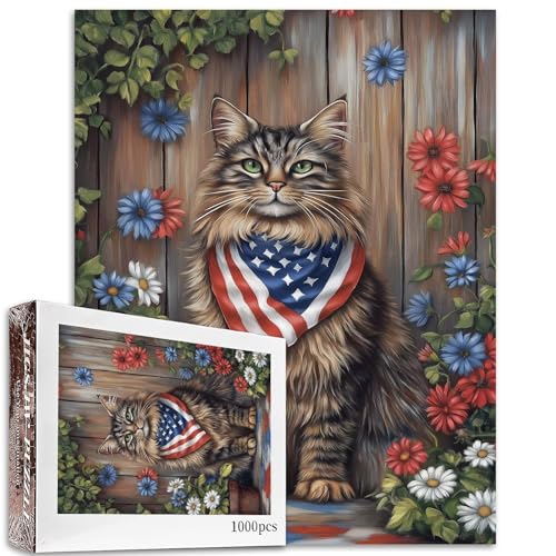 Maine-Coon-Katze mit amerikanischem Bandana, 1000-teiliges Puzzle für Erwachsene, Tier-Puzzle, Gartenpuzzle, anspruchsvolle Familienaktivitäten, buntes DIY-Bastelpuzzle für Heimdekoration, Geschenke, von Aihonmin