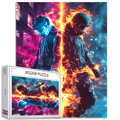 Motorrad-Jungen-Puzzles für Erwachsene, 1000 Teile, Junge in Neonblau, Kunst-Puzzle, Junge in Flammenrot, Puzzle für anspruchsvolle Familienaktivitäten, Spiel, DIY-Bastelpuzzle, Heimdekoration, von Aihonmin