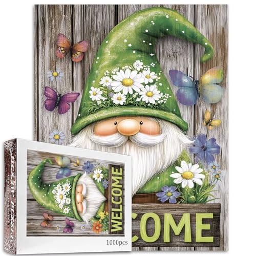 Niedlicher Zwerg mit grünem Hut mit weißen Gänseblümchen, Puzzles für Erwachsene, Willkommens-Puzzle, 68,6 x 50,8 cm, bunte DIY-Puzzles, Heimdekoration, Geschenke, Familienpuzzle, perfekt für von Aihonmin