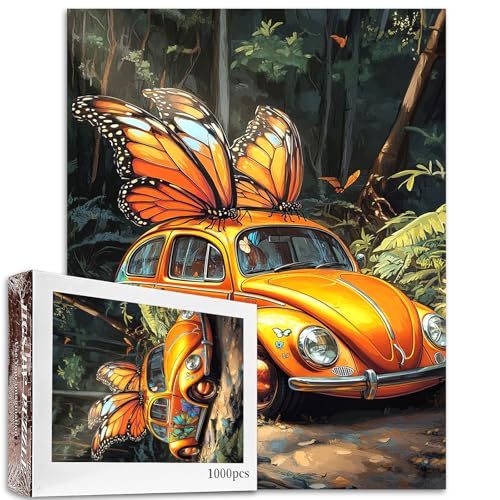 Oldtimer-Puzzles für Erwachsene, 1000 Teile, schöne Auto-Kunst-Puzzles, Schmetterlings-Auto-Puzzle, für anspruchsvolle Familienaktivitäten, Spiel, DIY-Bastelpuzzle, Heimdekoration, handgefertigte von Aihonmin