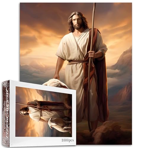 Puzzle Jesus mit seinem Stock und einem Schaf, 1000 Teile, Puzzles für Erwachsene, Religionsstil, 68,6 x 50,8 cm, Messias-Puzzle, herausfordernde Familienaktivitätsspiele, DIY-Bastelpuzzle für von Aihonmin