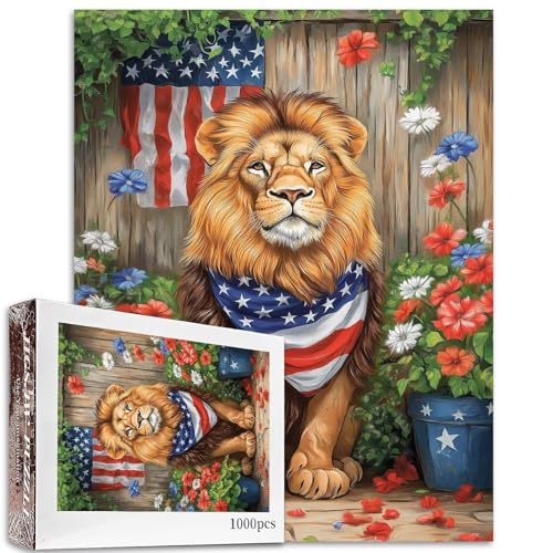 Puzzle mit Löwe mit amerikanischem Schal, 1000 Teile für Erwachsene, Wildtier-Puzzle, amerikanische Flagge, Puzzle, anspruchsvolle Familienaktivitäten, bunt, DIY, Handarbeit, Bastelpuzzle für von Aihonmin