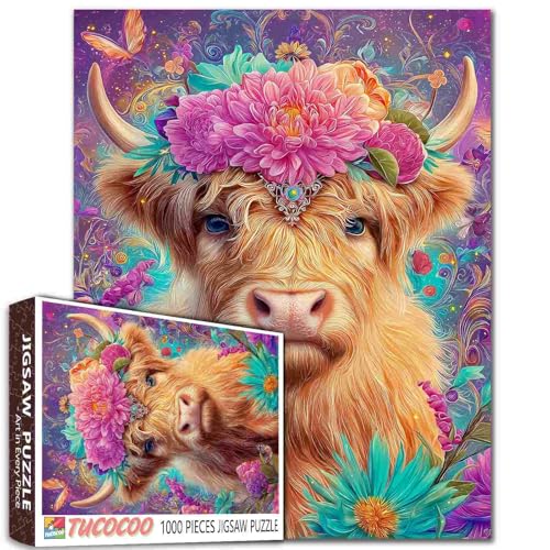 Schottisches Hochlandrinder-Puzzle, 1000 Teile, magische Glitzer, digitale Kunst, niedliches Anime-Design, 50 x 70 cm, hyperrealistische Blumenkrone, aufwendige Muster, Teenager-Geschenk Schottisches Hochlandrinder-Puzzle, 1000 Teile, magische Glitzer, digitale Kunst, niedliches Anime-Design, 50 x 70 cm, hyperrealistische Blumenkrone, aufwendige Muster, Teenager-Geschenk von Aihonmin