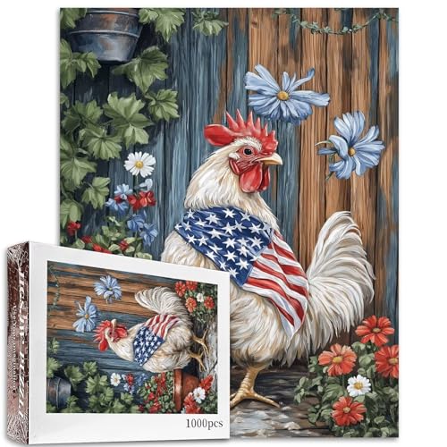 Weißer Hahn mit amerikanischem Turban, 1000 Teile, Puzzle für Erwachsene, 68,6 x 50,8 cm, Tierpuzzle, Gartenpuzzle, herausfordernde Familienaktivitäten, buntes DIY-Bastelpuzzle für Heimdekoration, von Aihonmin