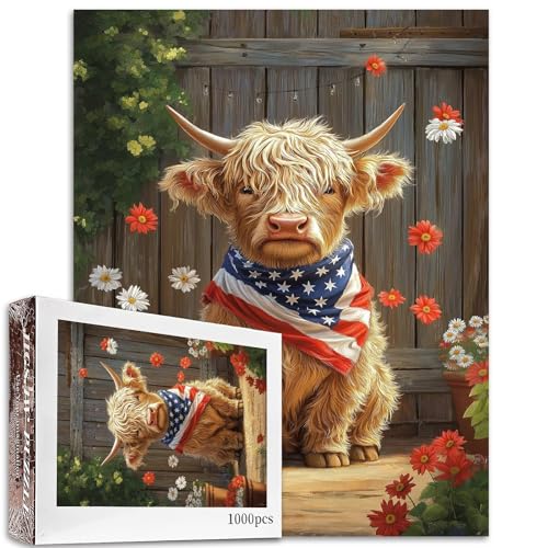 West Highland Rinder mit amerikanischem Schal, 1000-teiliges Puzzle für Erwachsene, 50 × 70 cm, Wildtier-Puzzle, herausfordernde Familienaktivität-Spiele, buntes DIY-Bastelpuzzle für Heimdekoration, von Aihonmin