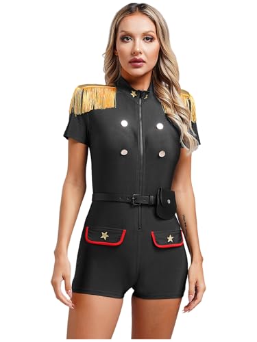 Aiihoo 3Pcs Damen Polizei Kostüm Polizistin Uniform Kurzarm Bodysuit mit Gürtel Geldbörse Einteiler Overall Catsuit Cop Costume Halloween Fasching Kostüm Schwarz XL von Aiihoo