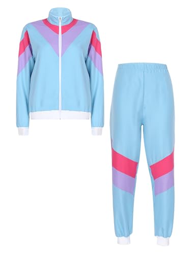 Aiihoo 80er 90er Jahre Outfit Damen Sportanzug Trainingsanzug Langarm Jacke + Hose Retro Jogginganzug Faschingskostüm Disco Kostüm Karneval Party Blau L von Aiihoo