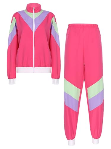 Aiihoo 80er 90er Jahre Outfit Damen Sportanzug Trainingsanzug Langarm Jacke + Hose Retro Jogginganzug Faschingskostüm Disco Kostüm Karneval Party Hot Pink M von Aiihoo