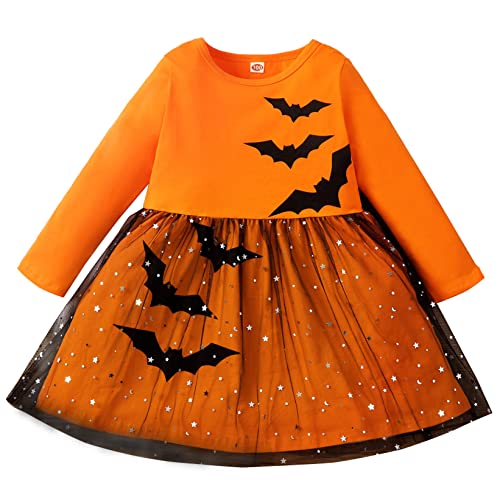 Aiihoo Baby Mädchen Kürbis Kostüm Glitzer Tüllkleid Halloween Kostüm Kinder Langarm Baumwolle Kleid mit Bat Drucken Cosplay Outfits Partykleid Verkleidung Orange 104-110 von Aiihoo