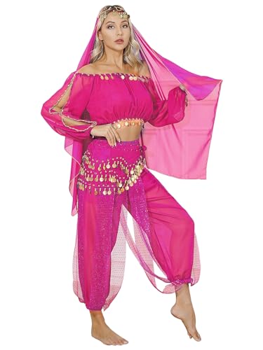 Aiihoo Bauchtanz Kostüm Damen Arabisch Prinzessin Kostüm Pailletten Crop Top mit Fransen + Haremshose Laterne Hosen Jasmin Kostüm Karneval Party U Lichtrosa One Size von Aiihoo