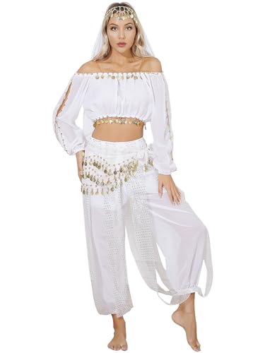 Aiihoo Bauchtanz Kostüm Damen Arabisch Prinzessin Kostüm Pailletten Crop Top mit Fransen + Haremshose Laterne Hosen Jasmin Kostüm Karneval Party U Weiß One Size von Aiihoo