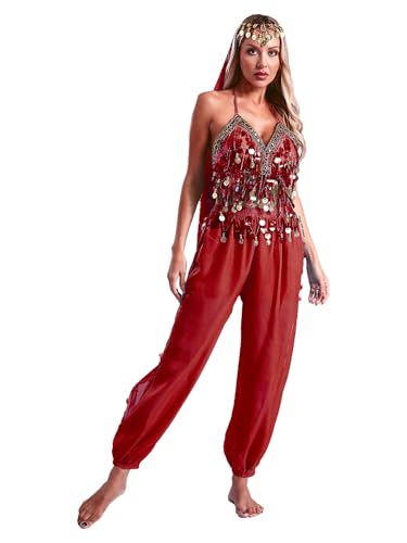 Aiihoo Bauchtanz Kostüm Damen Jasmin Prinzessin Kostüm Pailletten Crop Top Fransen + Laterne Hosen Haremshose + Kopfbedeckung Bellydance Kostüm Rot Einheitsgröße von Aiihoo