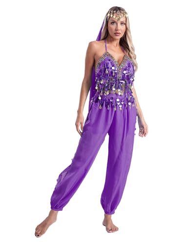 Aiihoo Bauchtanz Kostüm Damen Jasmin Prinzessin Kostüm Pailletten Crop Top Fransen + Laterne Hosen Haremshose + Kopfbedeckung Bellydance Kostüm Violett Einheitsgröße von Aiihoo